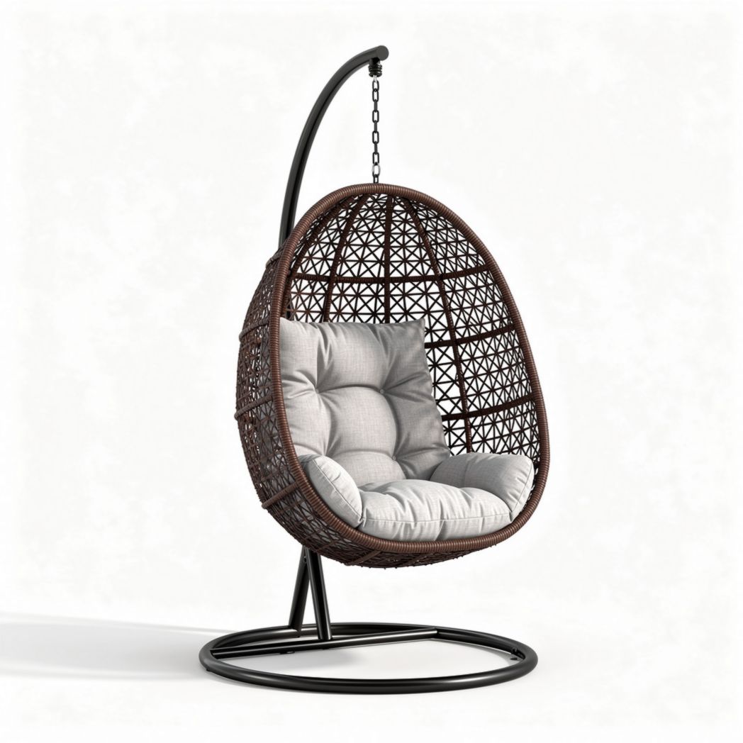 Poltrona a sospensione in rattan con struttura in metallo e cuscino grigio 90 x 80 x 120cm