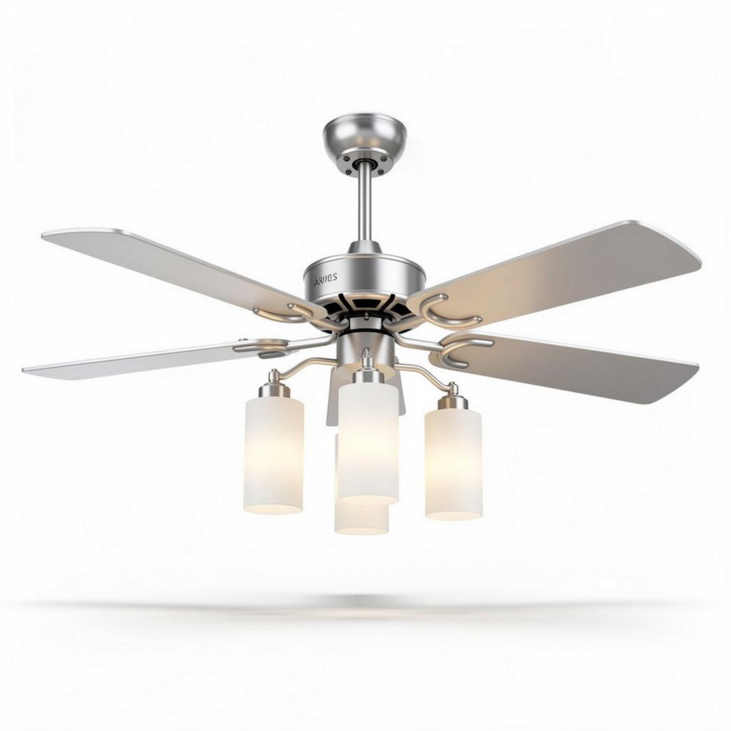 Ventilatore a soffitto in metallo nickel satinato con luce a sfera tre lampadine in vetro bianco 132 cm